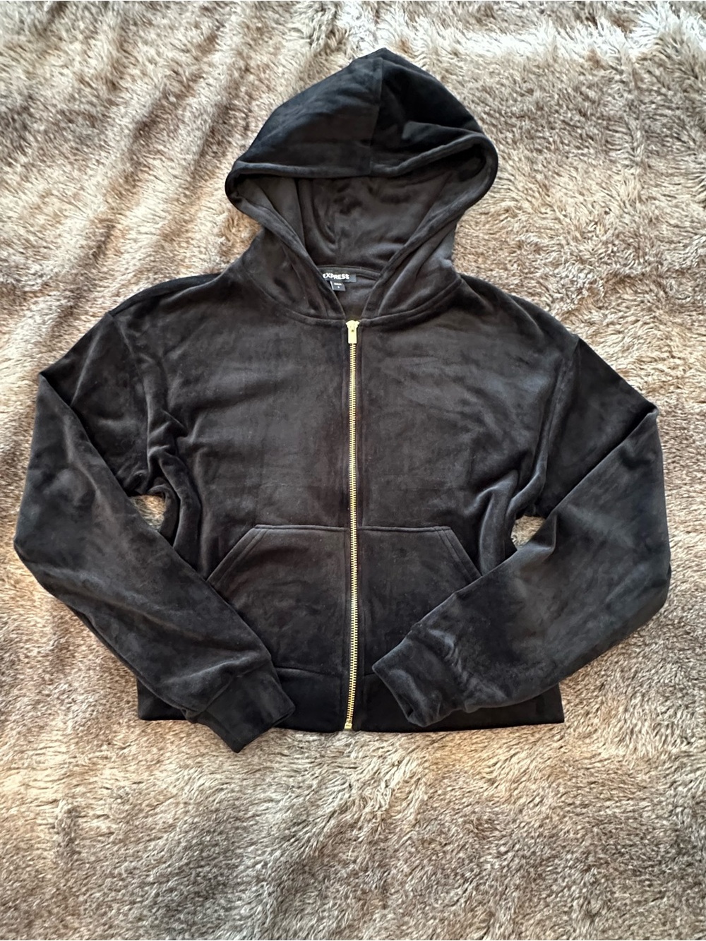Express | Black Velour Zip Hoodie | S